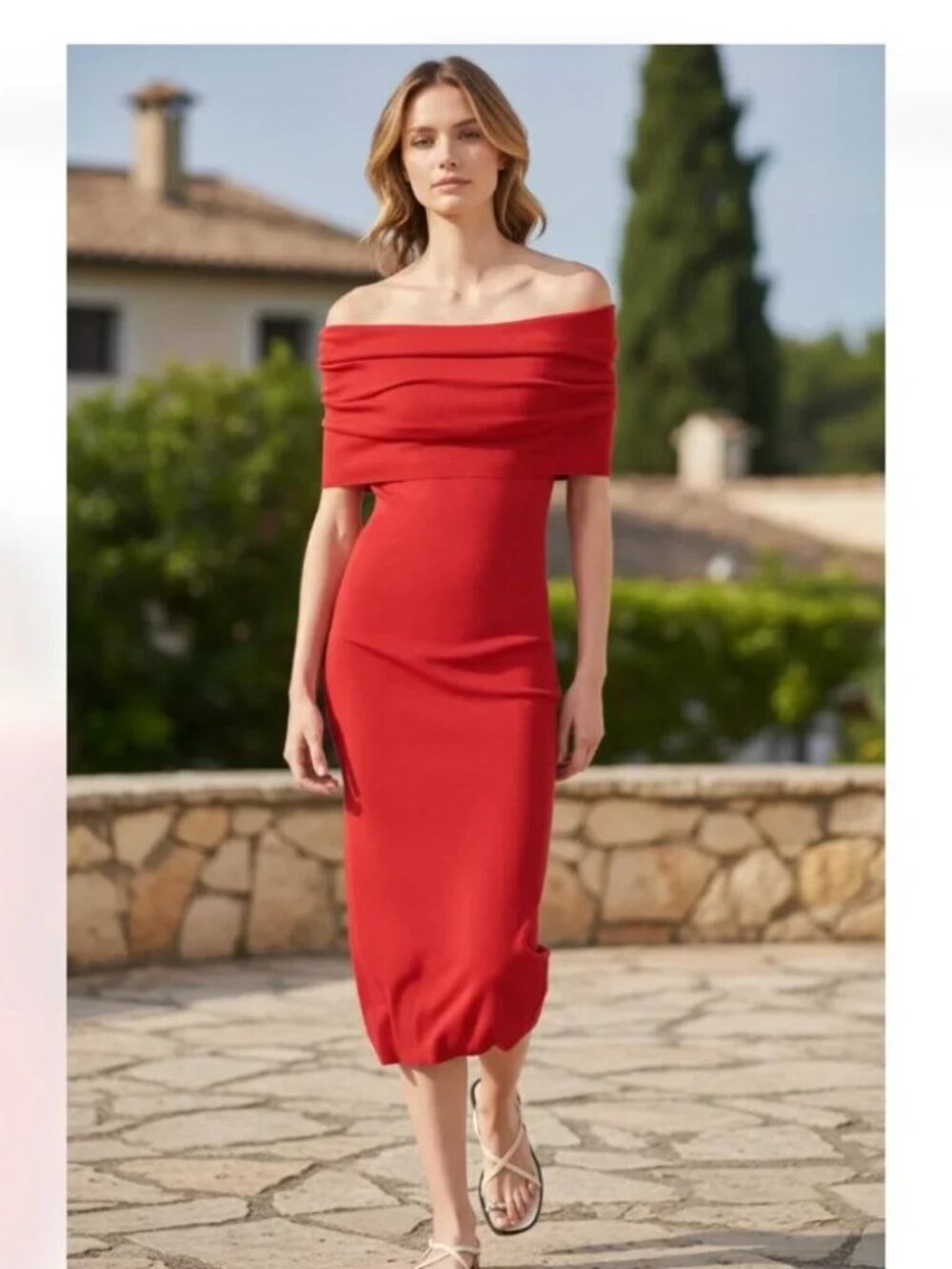 Zara Off Shoulder Knit Stretch Short Sleeve Midi Dress Red Small